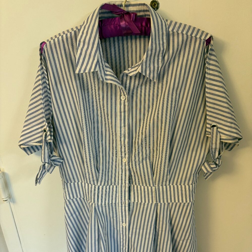 Blue Stripe Dress with Cutout Sleeves and Flared Bottom